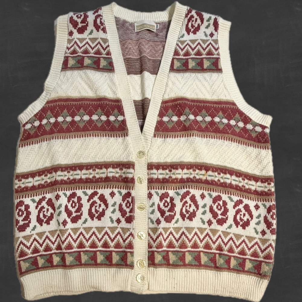 VINTAGE cottage rose knit sweater cardigan button front cottagecore floral‎ 90s